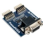 The Pmod VGA provides a VGA port to any board with Pmod connectivity. The VGA port can be used to drive standard displays such as televisions and monitors. The host board must be capable of driving a fast parallel data bus in order to properly drive a display with the Pmod VGA. Features: Standard VGA port for connecting commonly found displays 12-bit RGB444 color depth Simple, high-speed R-2R resistor ladder DAC High-speed buffers support pixel clocks up to 150 MHZ Small PCB size for flexible designs 1.7“ × 1.7” (4.3 cm × 4.3 cm) Dual 12-pin Pmod connector with GPIO interface Follows Digilent Pmod Interface Specification Library and example code available in resource center Package Includes: 1 x Digilent Pmod VGA: Video Graphics Array