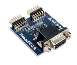 The Pmod VGA provides a VGA port to any board with Pmod connectivity. The VGA port can be used to drive standard displays such as televisions and monitors. The host board must be capable of driving a fast parallel data bus in order to properly drive a display with the Pmod VGA. Features: Standard VGA port for connecting commonly found displays 12-bit RGB444 color depth Simple, high-speed R-2R resistor ladder DAC High-speed buffers support pixel clocks up to 150 MHZ Small PCB size for flexible designs 1.7“ × 1.7” (4.3 cm × 4.3 cm) Dual 12-pin Pmod connector with GPIO interface Follows Digilent Pmod Interface Specification Library and example code available in resource center Package Includes: 1 x Digilent Pmod VGA: Video Graphics Array